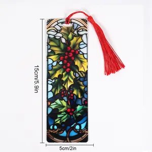 Christmas transparent acrylic bookmark with red tassel, 15x5cm stained glass holly design.