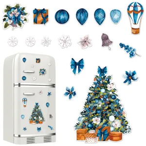 Christmas magnetic refrigerator stickers set watercolor blue tree gifts decor kitchen