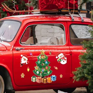 Christmas magnetic sticker set featuring tree, snowman, and Santa for festive car and fridge decor.