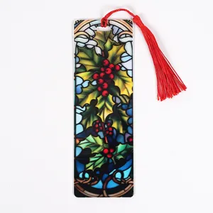 Christmas Acrylic Bookmark Stained Glass Holly Design with Red Tassel Stationery Gift