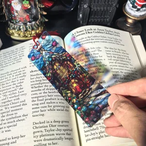 Transparent acrylic Christmas bookmark 1mm thick, stained glass church design detail.