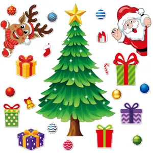 Christmas tree refrigerator magnets detail view, cute Santa and reindeer magnetic stickers.