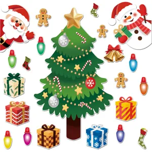 Christmas tree magnetic fridge stickers set, cute Santa snowman holiday decor items.