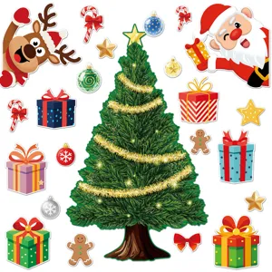 Christmas refrigerator magnets set featuring tree, Santa, reindeer and gifts for holiday decor.