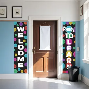 Classroom door scene display of welcome and ready to learn vertical banner decoration setup.