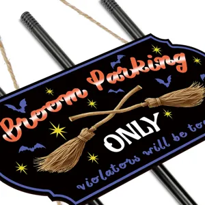 Halloween witch broom parking wooden hanging sign with cute bat and star festive decor detail