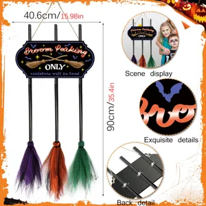 Halloween witch broom parking wooden sign hanging wall decor party festival props 90cm