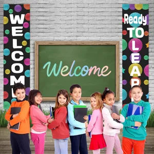 Back to school classroom decoration banners set with colorful polka dots and welcome text.