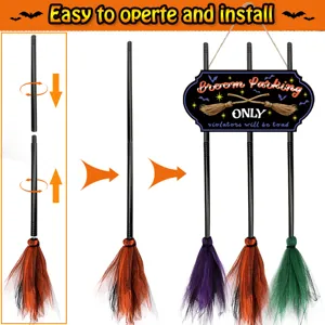 Halloween witch broom parking sign hanging pendant with assembly poles for party decor.