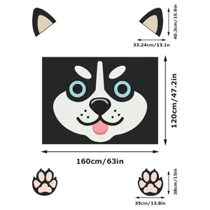 Gedetailleerde afmetingen van de cartoon husky automaat en accessoires met exacte maten.
