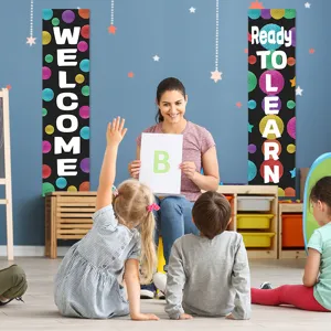 Classroom welcome banners set, colorful pom-pom hanging decor for back to school season.