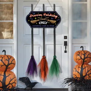 Halloween witch broom parking sign door hanging decoration with colorful broomsticks for party.
