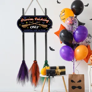 Halloween witch broom parking sign wooden hanging pendant party festival wall decor props