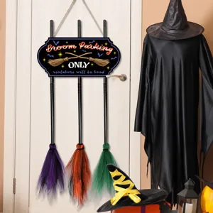 Halloween witch broom parking sign wooden hanging pendant for holiday wall door decor