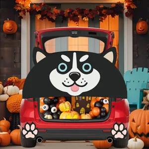 Halloween autokofferbak decoratieset met schattig husky gezicht en feestelijke pompoen decor.