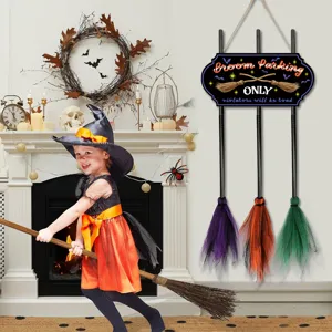 Halloween broom parking wood hanging sign with mini broomsticks rustic holiday decor
