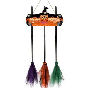 Halloween witch broom parking sign wooden hanging decor details, festive party prop display.