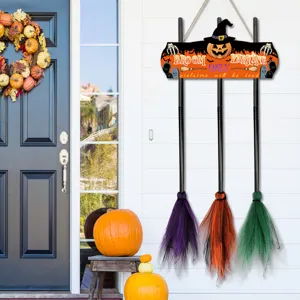 Halloween witch broom parking hanging sign holiday wooden decor party door sign props
