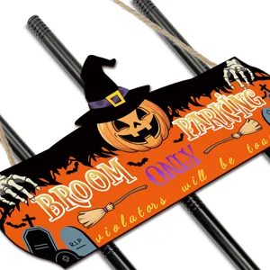 Halloween witch broom parking sign wooden hanging plaque spooky holiday party yard decoration