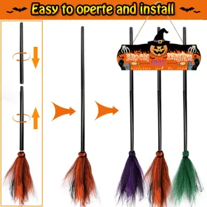 Halloween witch broom parking sign hanging decoration with colorful decorative brooms