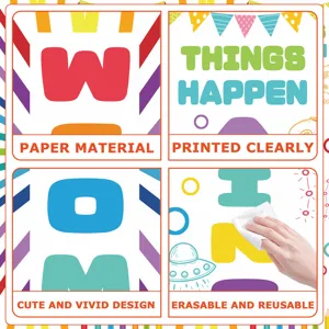 Detail view of classroom decoration banner highlighting paper material, clear print and reusability.