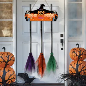 Halloween witch broom hanging wooden sign detail view, festive decorative door pendant.
