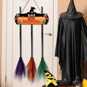 Halloween witch broom parking wooden sign hanging decoration spooky party door decor props set