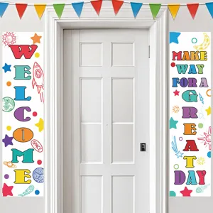 Back to school classroom decoration banners set with colorful space theme designs for party.