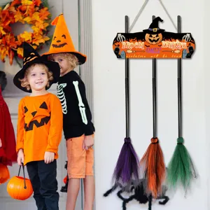 Halloween witch broom parking sign wooden hanging plaque holiday home door decoration props