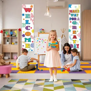 Detailed view of the colorful classroom welcome banner and school decoration poster.