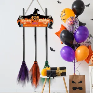 Halloween broom parking hanging sign set with colorful brooms for festival home party decor.