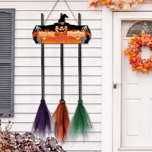 Halloween witch broom parking wooden hanging sign with colorful mesh brooms festival decors.