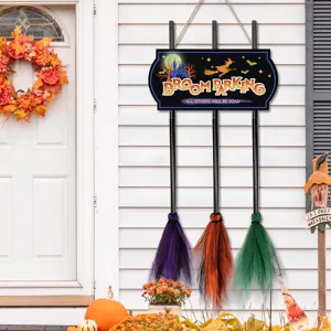 Halloween witch broom parking sign wooden hanging plaque with colorful bristle brooms for party decor.