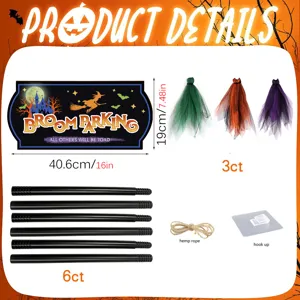 Halloween witch broom parking sign hanging decor detail, showing dimensions and components.