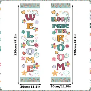 Back to school classroom decoration hanging banners, welcome and floral retro boho design.