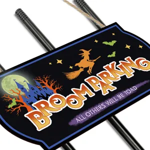 Halloween witch broom parking wooden hanging sign with castle moon pattern and stakes.