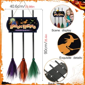 Halloween witch broom parking sign hanging decor wooden board with colorful tulle brooms