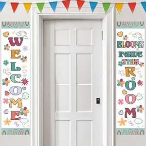 Retro groovy classroom door banners set with vibrant rainbow and floral designs for back to school.
