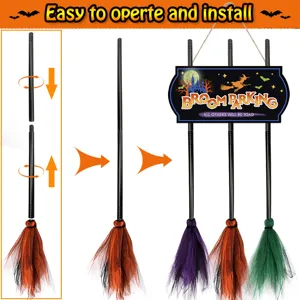 Halloween witch broom parking hanging sign set, decorative wooden pendant with mesh broom props.