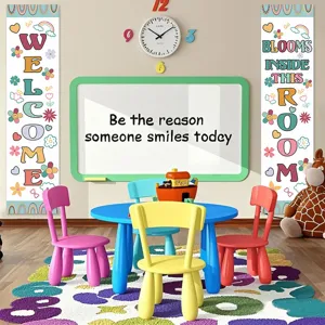 Classroom decoration banner scene showing colorful welcome and inspirational wall hanging details.