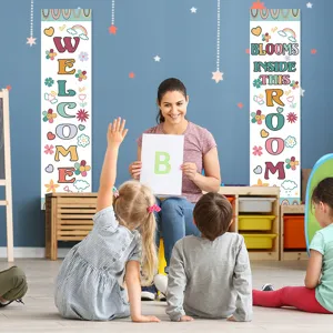 Back to school classroom decoration banner set featuring welcome designs and colorful floral prints.