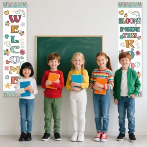 Back to school classroom banner decoration, colorful welcome floral hanging flag detail.