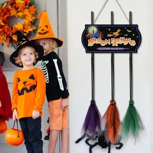 Halloween witch broom parking sign wooden hanging plaque holiday party door decoration