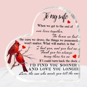Acryl hart plaquette romantisch cadeautje met rode kardinaal ontwerp tafeldecoratie detail