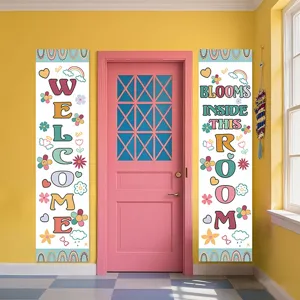 Classroom decorative banners set, retro groovy rainbow flower design for school bulletin board.