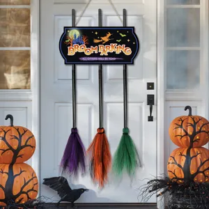 Halloween wooden hanging sign featuring witch broom design, festive wall decor for door.