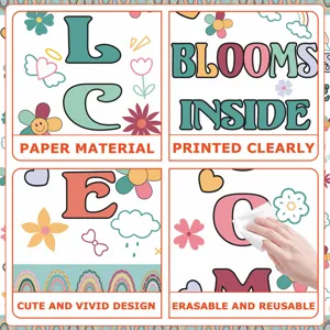 Classroom bulletin board border decor features cute retro daisy and rainbow letter details.