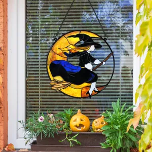 Halloween witch on moon stained glass hanging window ornament spooky home holiday decor