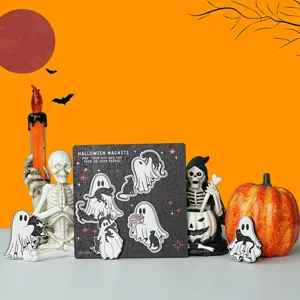 Halloween wooden magnetic fridge sticker set, cute ghost and black cat detail display.