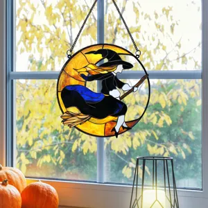 Halloween stained glass witch hanging window ornament, iron frame holiday home decor pendant.